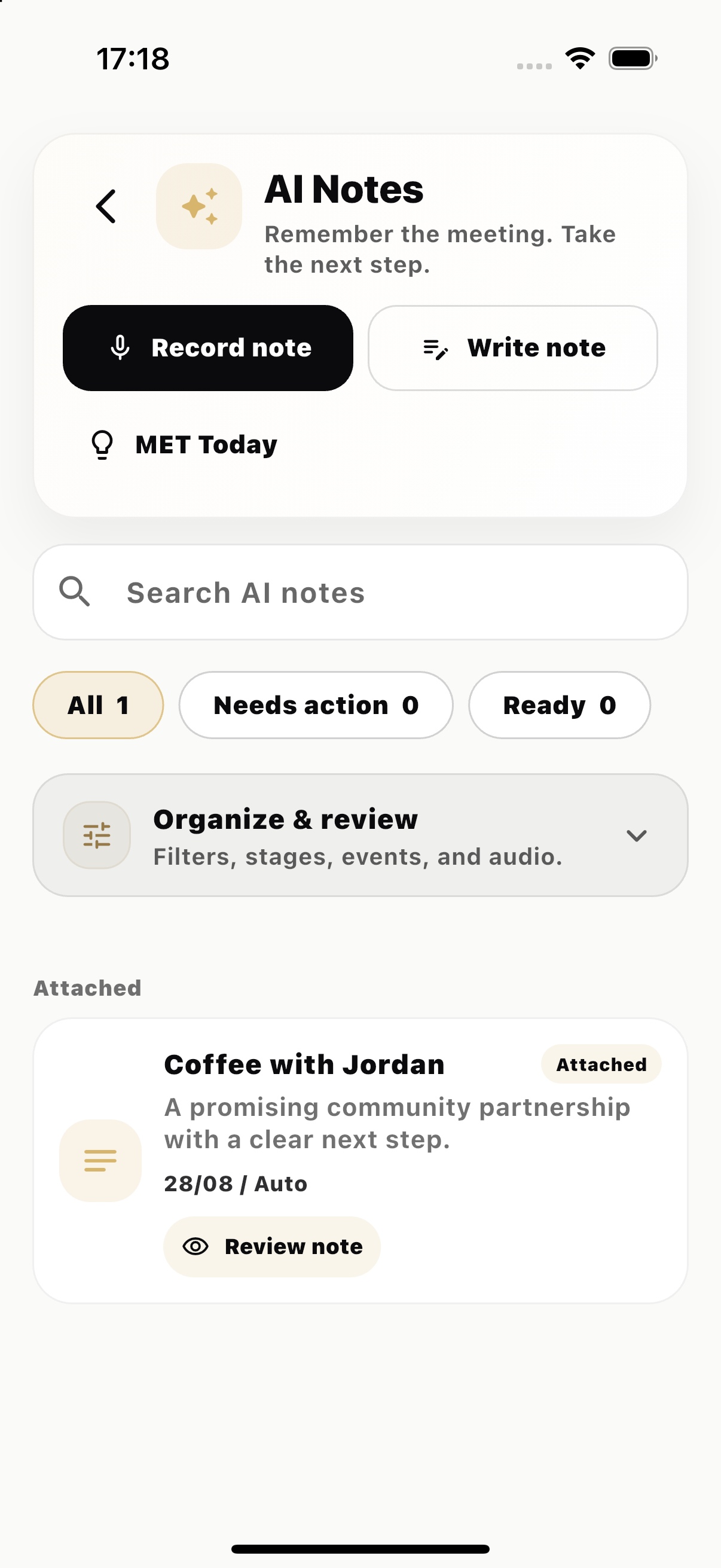 MET Notes showing meeting memory and next-step tools