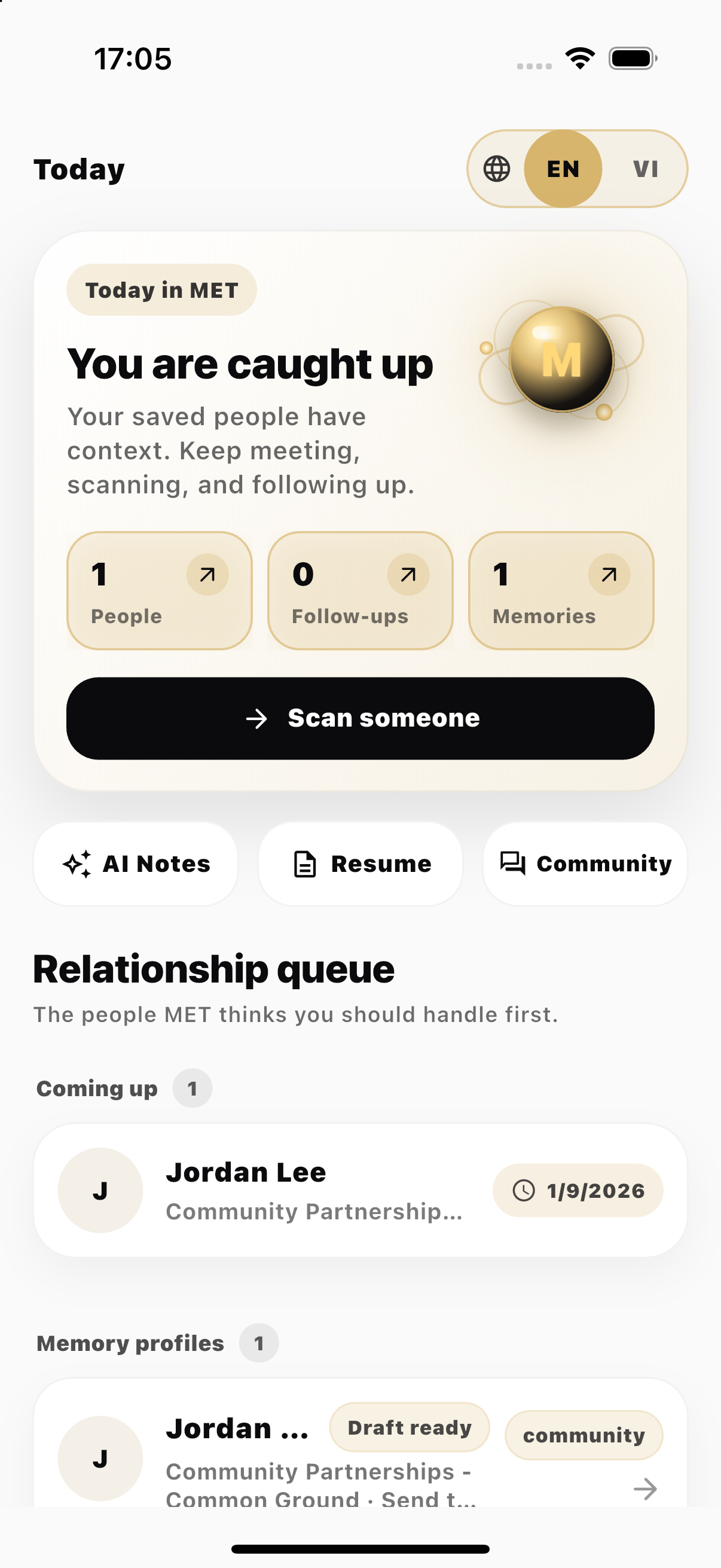 MET Today showing people, follow-ups, and memories needing attention