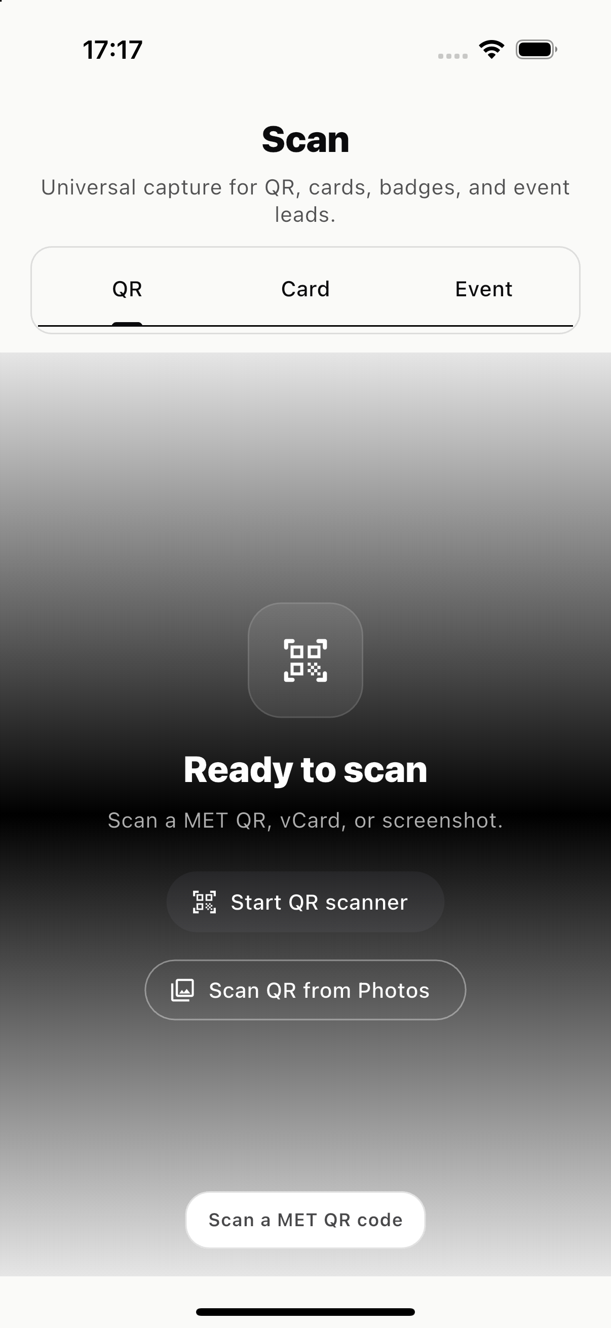 MET Scan ready to capture a QR code, card, badge, or event lead
